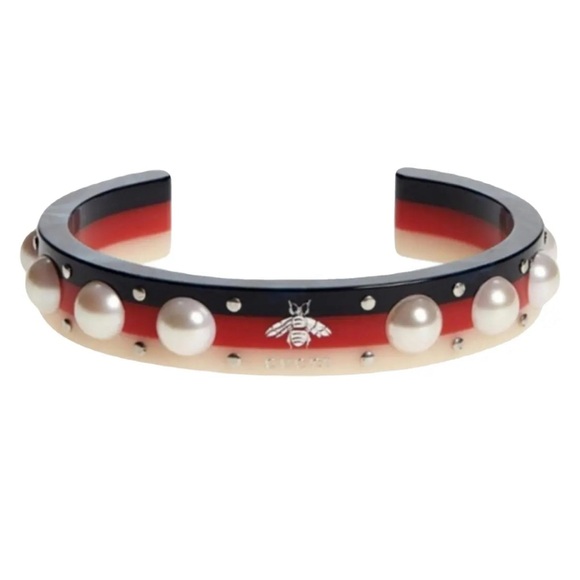 GUCCI Sylvie Web BRACELET Vintage PEARL Stud BEE Logo Italy L - Picture 1 of 5